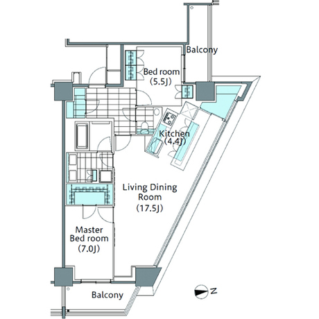 コンフォリア新宿イーストサイドタワー 5階 2LDK 449,110円〜476,890円の間取図1-slider