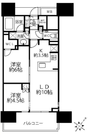 シティタワー駒沢大学ステーションコート 7階 2LDK 320,000円の間取図1-slider