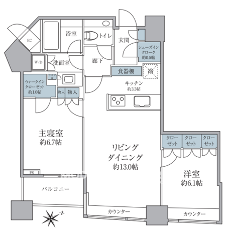 パークコート赤坂ザ・タワー 5階 2LDK 410,000円の間取図1-slider