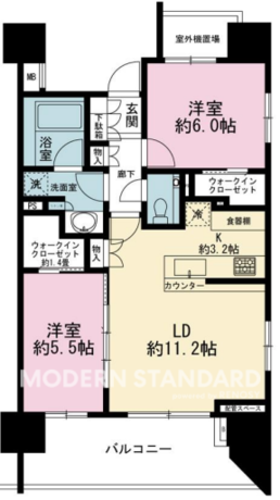 ザ・パークハウス赤坂レジデンス 2階 2LDK 334,650円〜355,350円の間取図1-slider