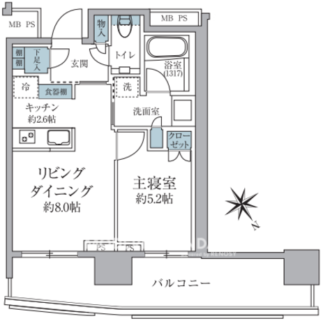 パークコート赤坂檜町ザ・タワー 5階 1LDK 330,000円の間取図1-slider