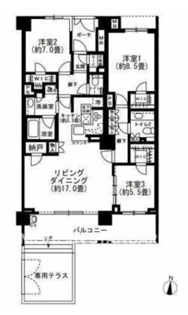 ザ・パークハウス駒沢レジデンス 1階 3SLDK 428,000円の間取図1-slider